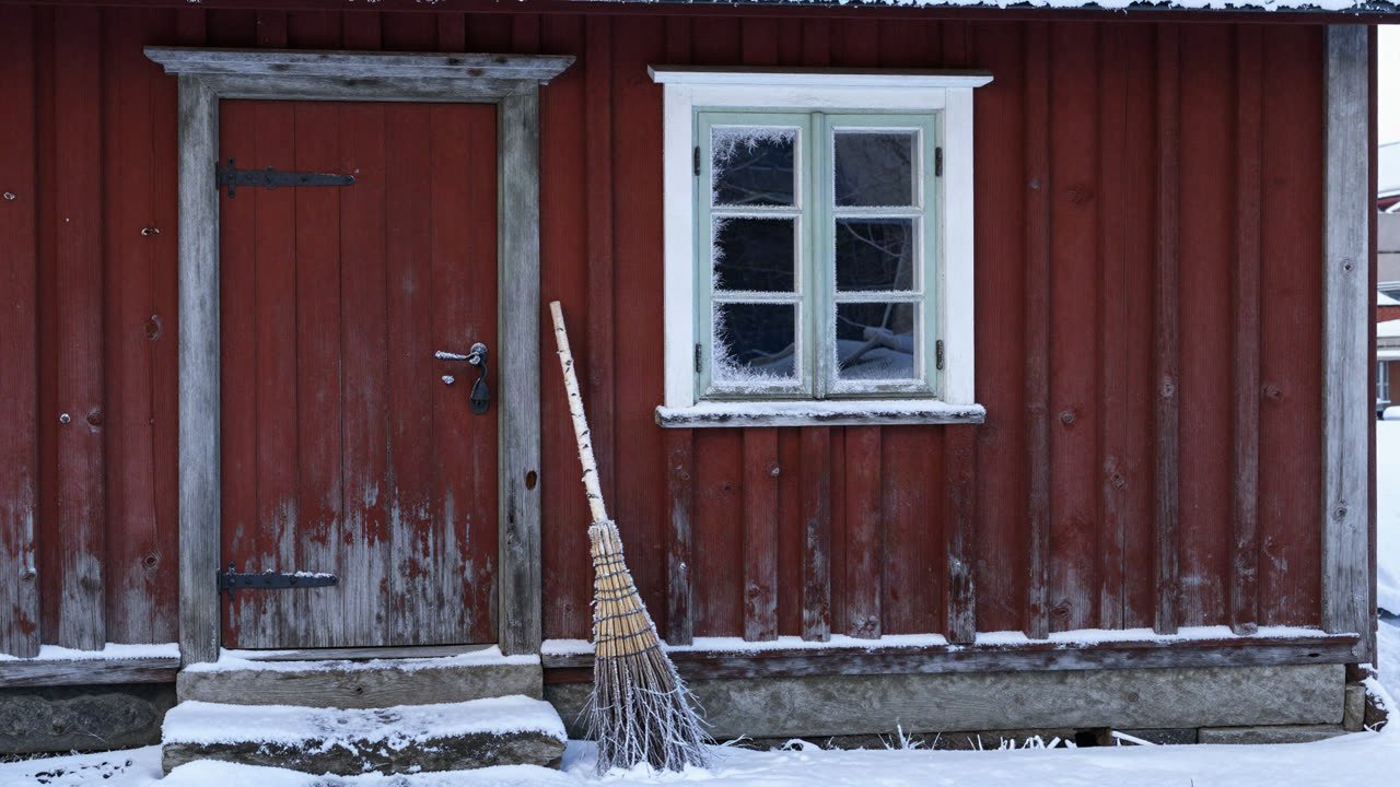 Ytterdörren till ett rödmålat timmerhus på vintern, med frost i fönstret och snö på trappstenen.