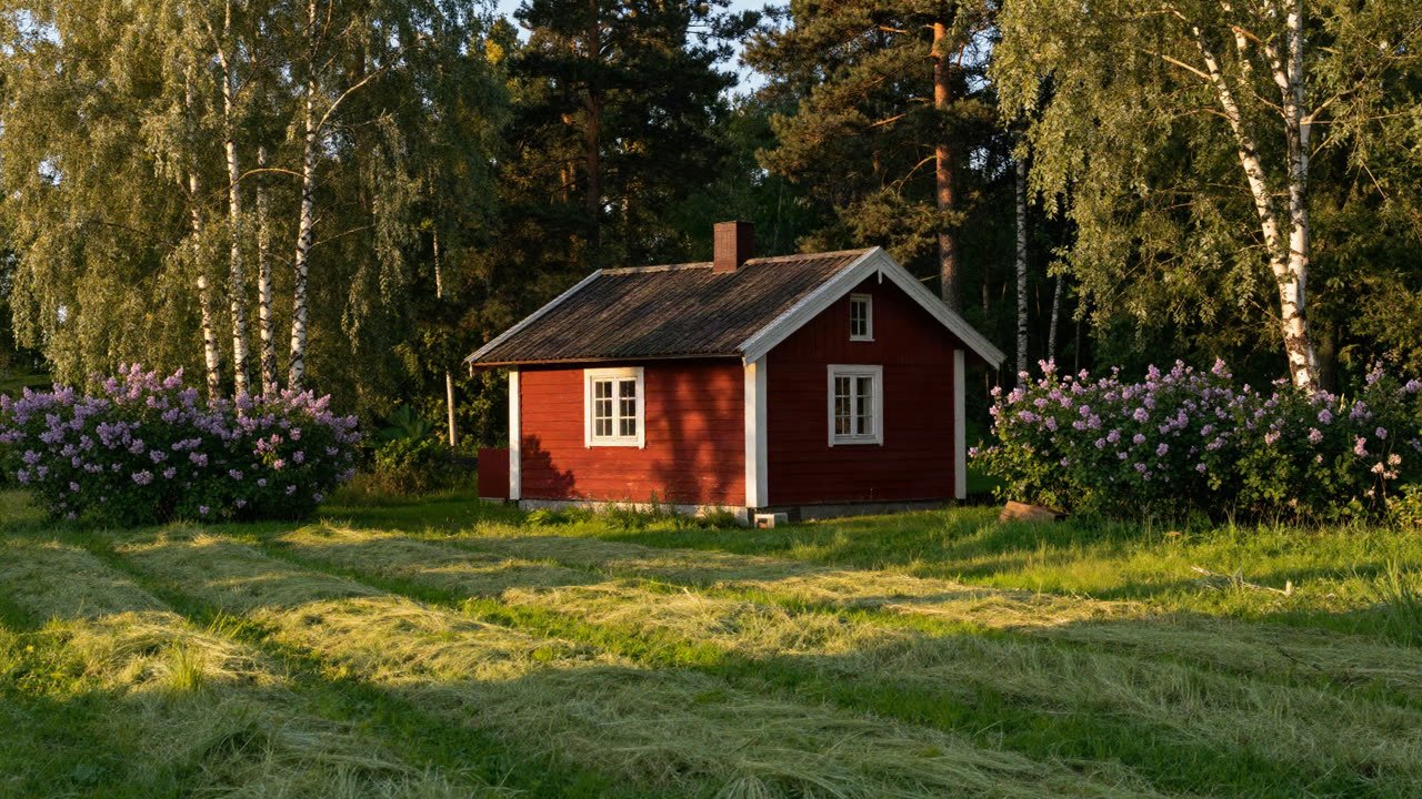 Rödmålad stuga en sommarkväll med nyklippt gräsmatta och blommande syrenhäck.